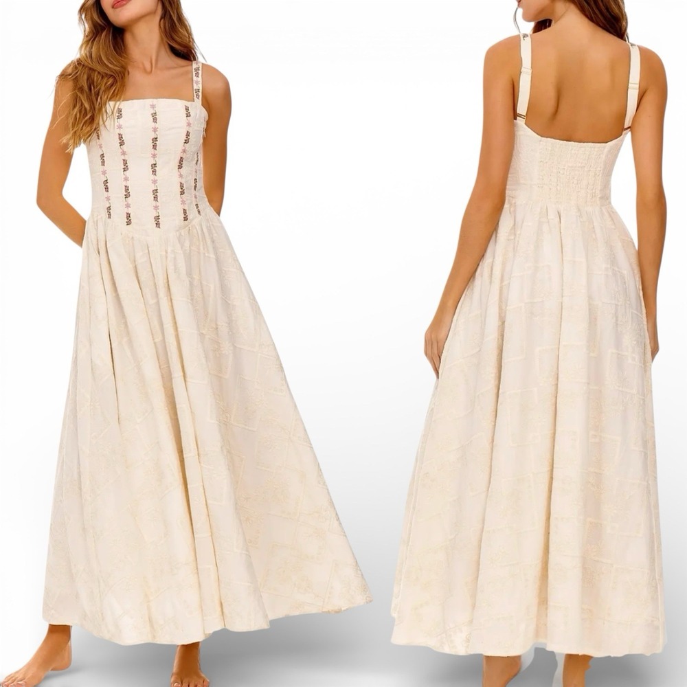 Agua Bendita A-Line Maxi Dress Medium‎ Floral Embroidered Ivory NWT $380